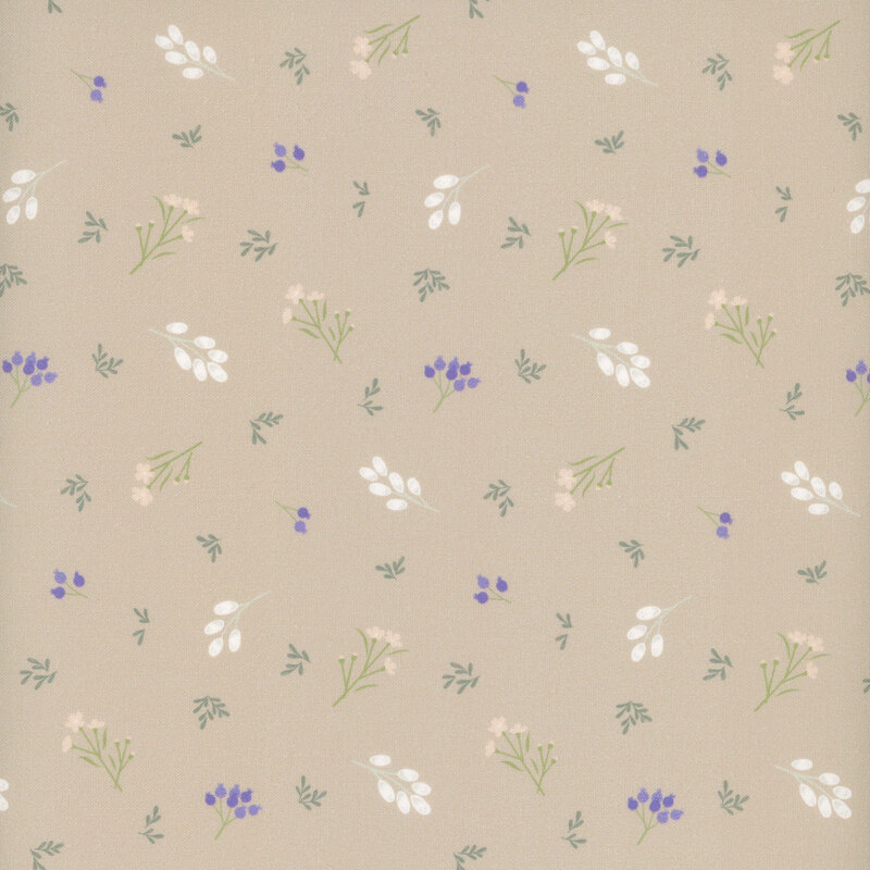 A beige background scattered with small floral patterns in white, pink, and blue.