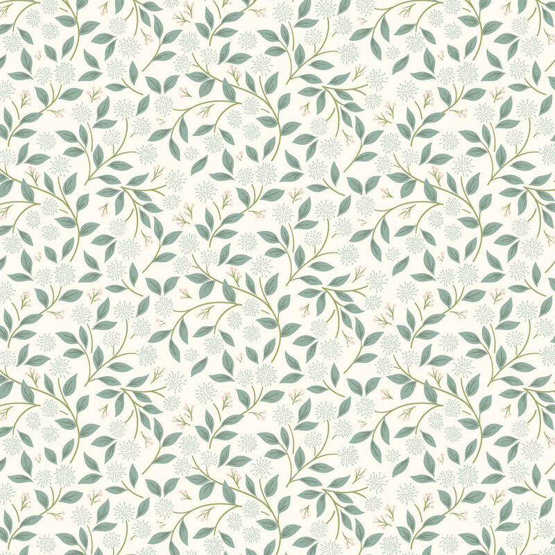 Repeating pattern of delicate green leaves and small flowers on a light background.