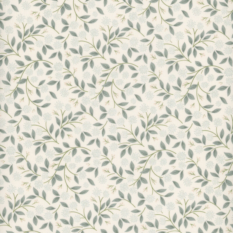 Repeating pattern of delicate green leaves and small flowers on a light background.