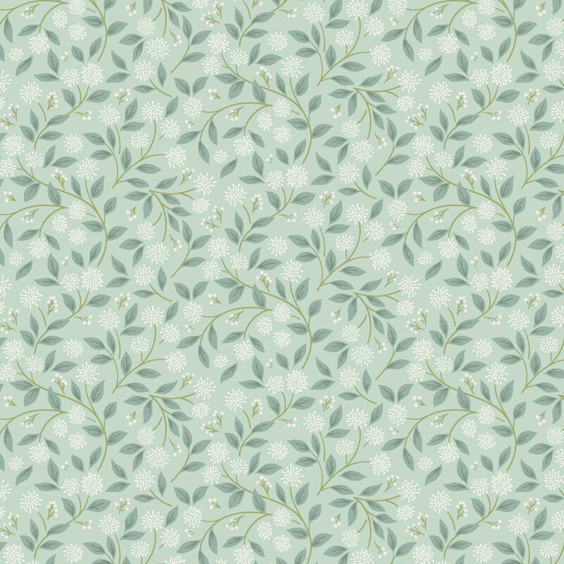 Seamless pattern featuring delicate green leaves and small white flowers on a soft mint background.