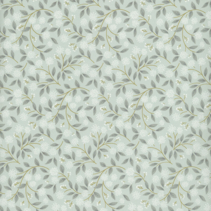 Seamless pattern featuring delicate green leaves and small white flowers on a soft mint background.