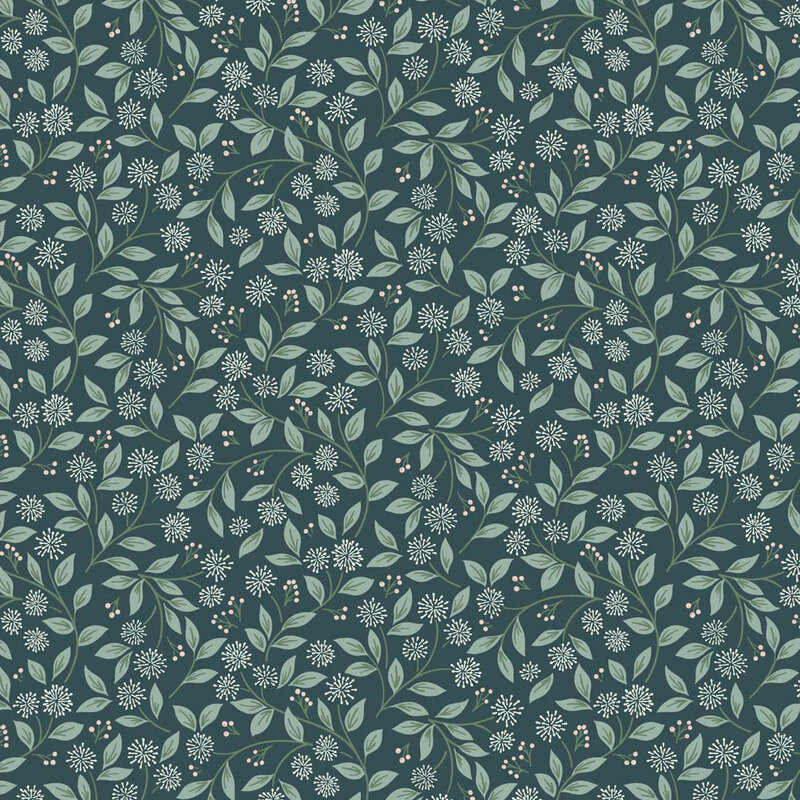 Seamless floral pattern with green leaves and white flowers on a dark teal background.