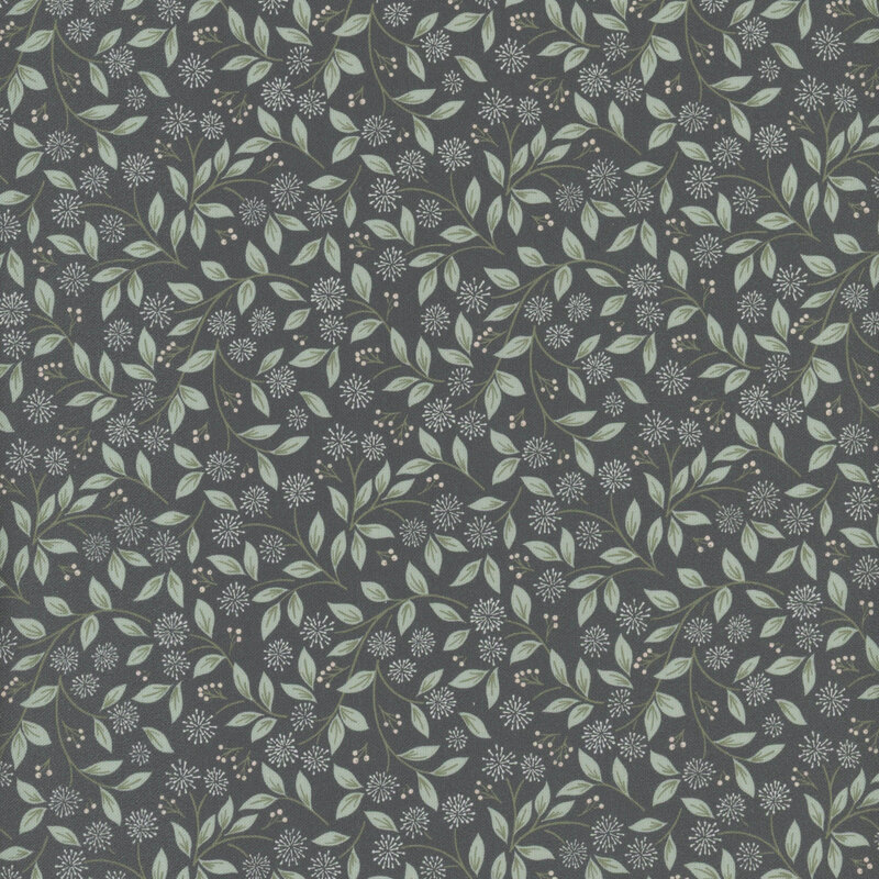 Seamless floral pattern with green leaves and white flowers on a dark teal background.