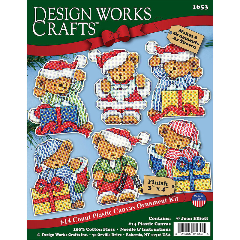 Image of a craft kit featuring six teddy bear ornaments in festive attire, shown with instructions and materials.