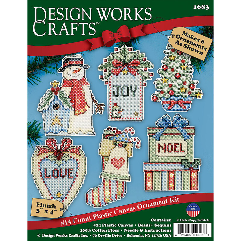 Package of a plastic canvas ornament kit featuring six holiday designs, including a snowman, gifts, and decorative text.