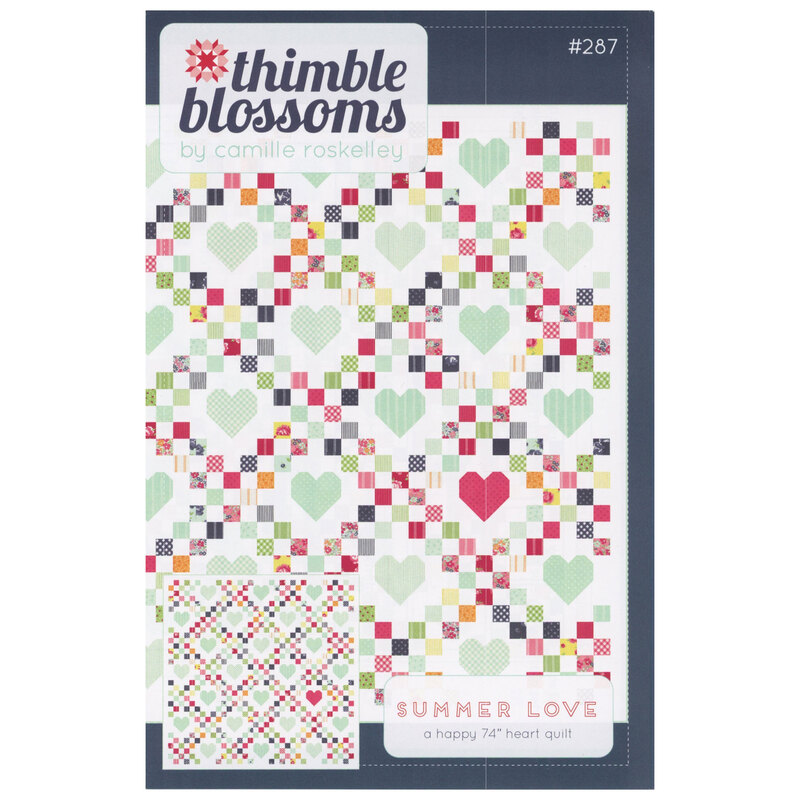 The front of the Summer Love pattern featuring the finished quilt displayed on a navy background.