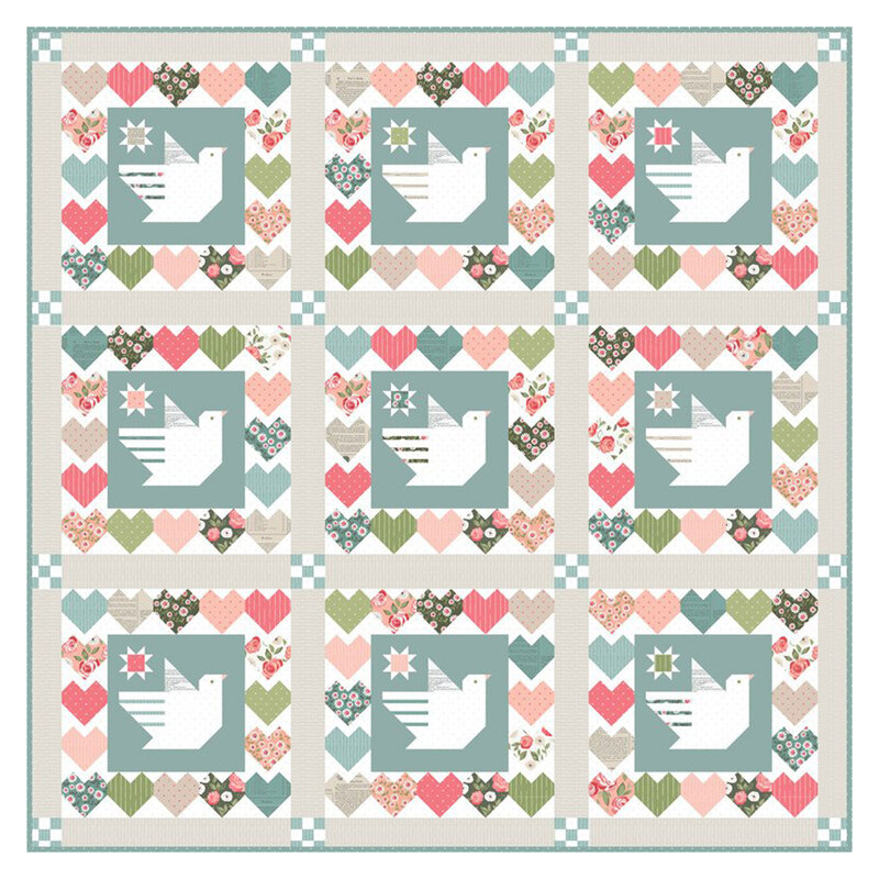 A quilt design featuring blocks of doves bordered by colorful hearts.