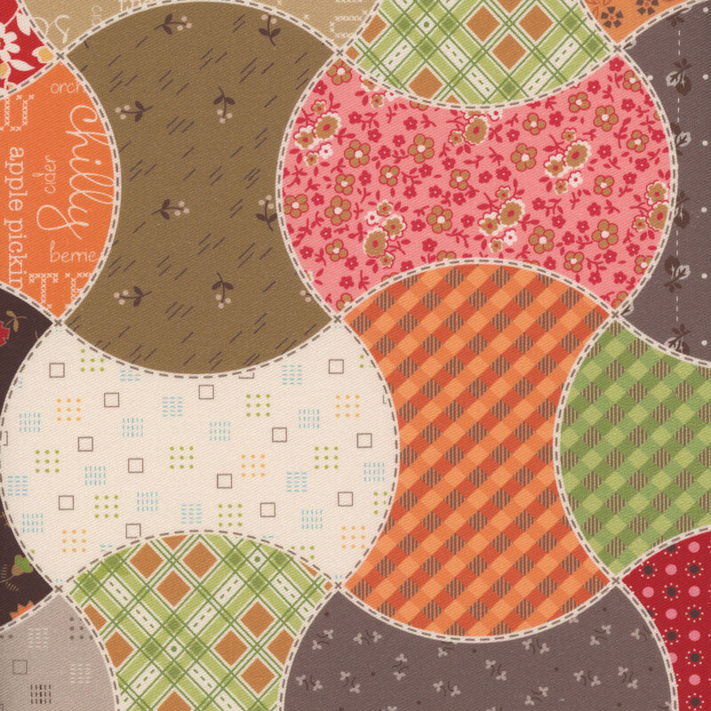 Multicolored fabric featuring colorful circular patches in various patterns and textures, arranged in a grid.