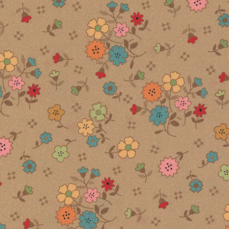 Linen brown fabric with clusters of flowers and symbols tossed across the design.