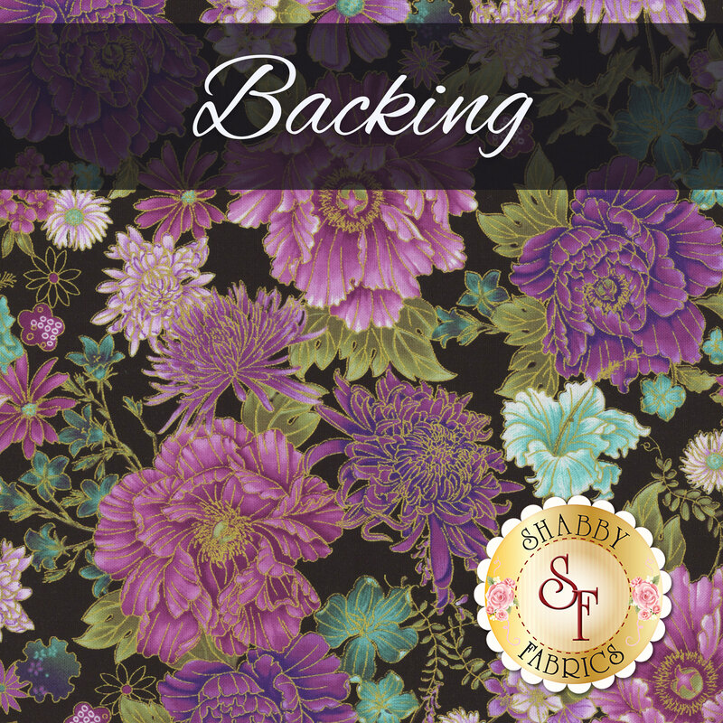 A swatch of black fabric with rich purple florals and metallic accents. A black banner at the top reads 