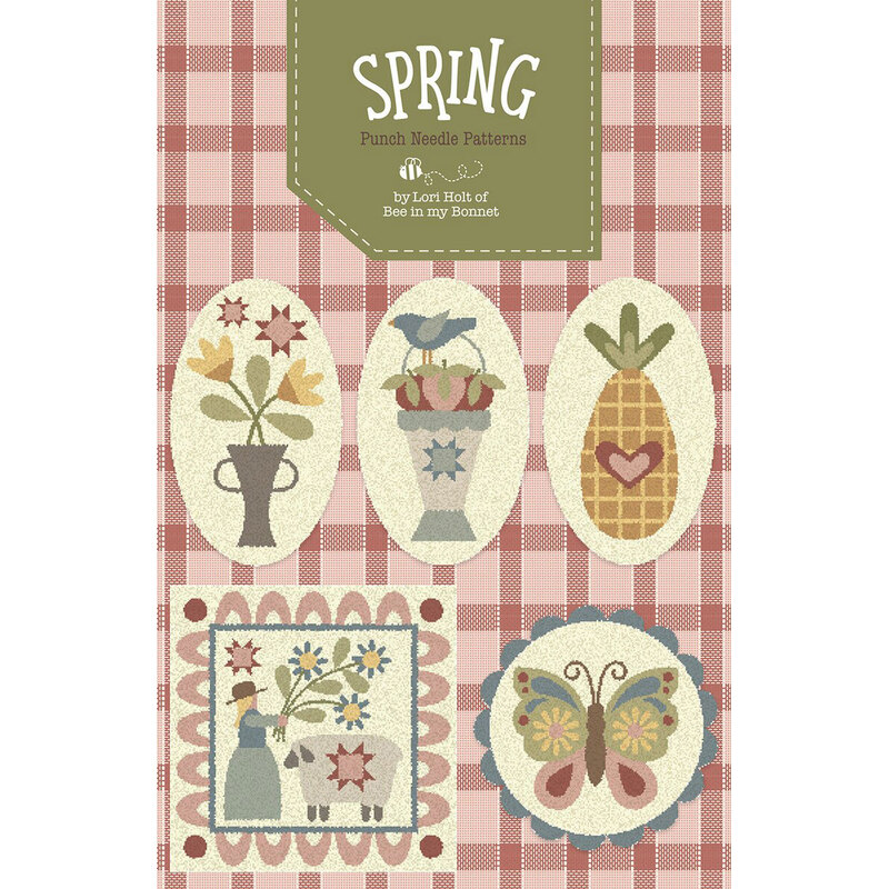 Cover design featuring five spring-themed punch needle patterns on a plaid background.