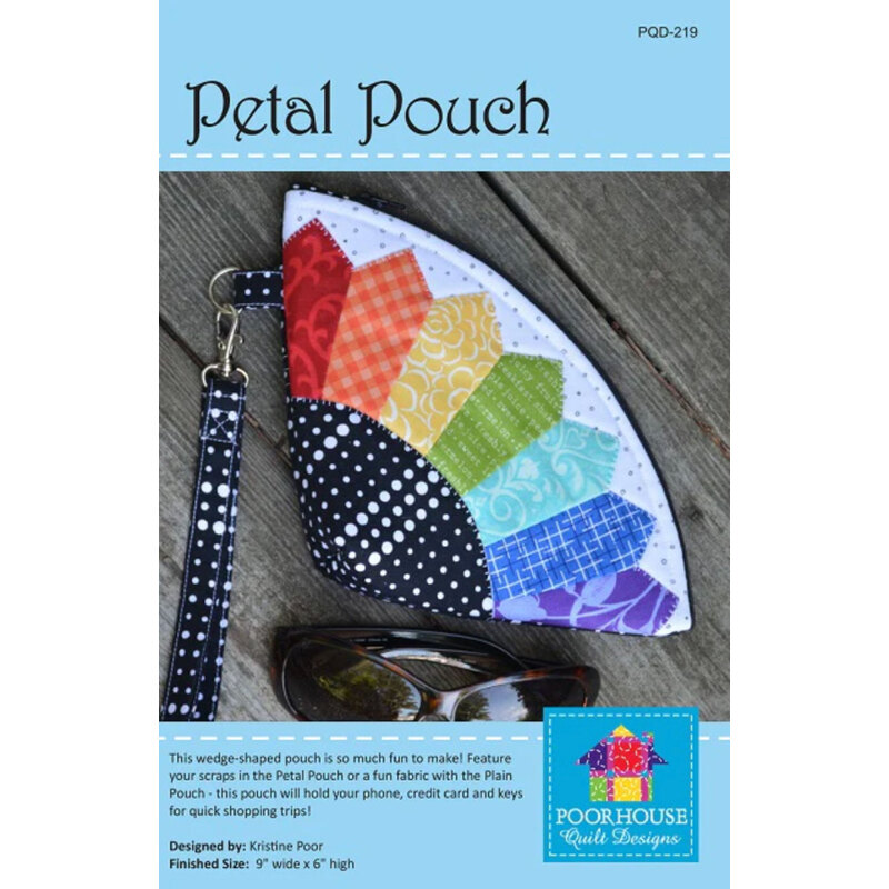 Petal Pouch pattern featuring a colorful wedge design, polka dot accents, and a strap.