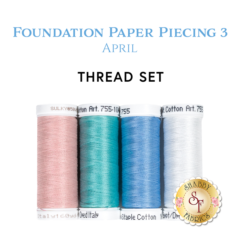 Four spools of thread in pink, aqua, blue, and white, underneath a text graphic that reads 