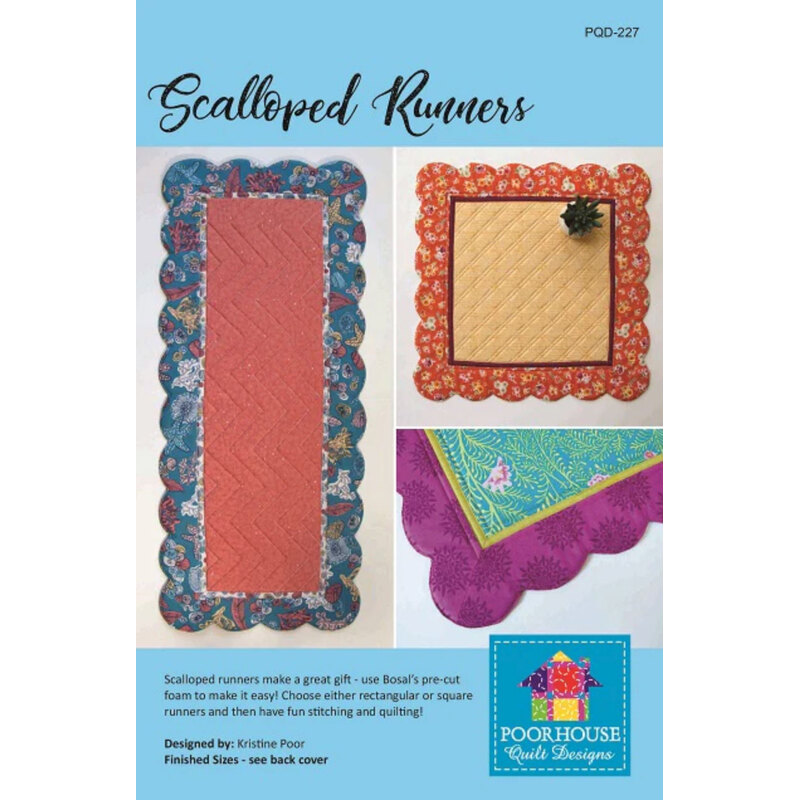 Pattern cover for scalloped runners, featuring colorful fabric designs and a sample layout.