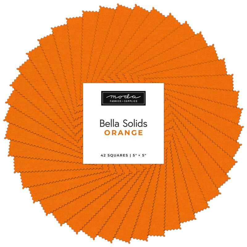 A spiral collage showing the Moda Bella Solids Orange charm pack fabrics.