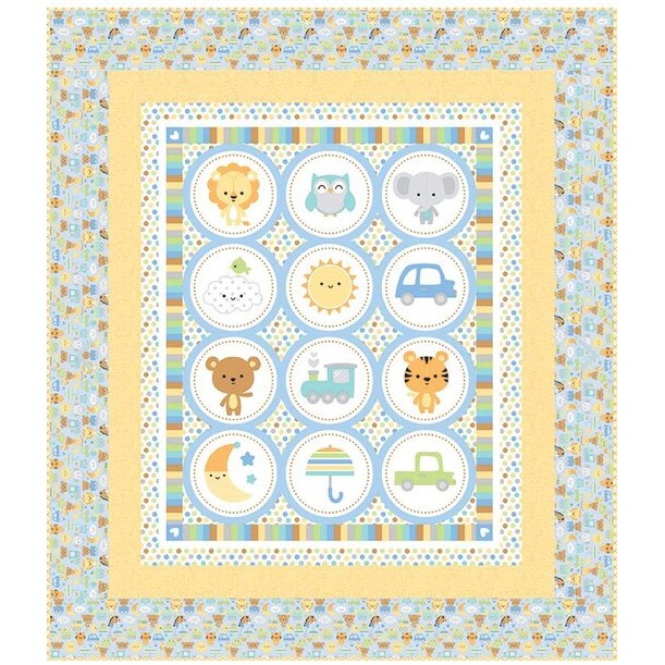 The completed quilt for the Special Delivery Panel Quilt, colored in yellow and blue baby fabrics and isolated on a white background.