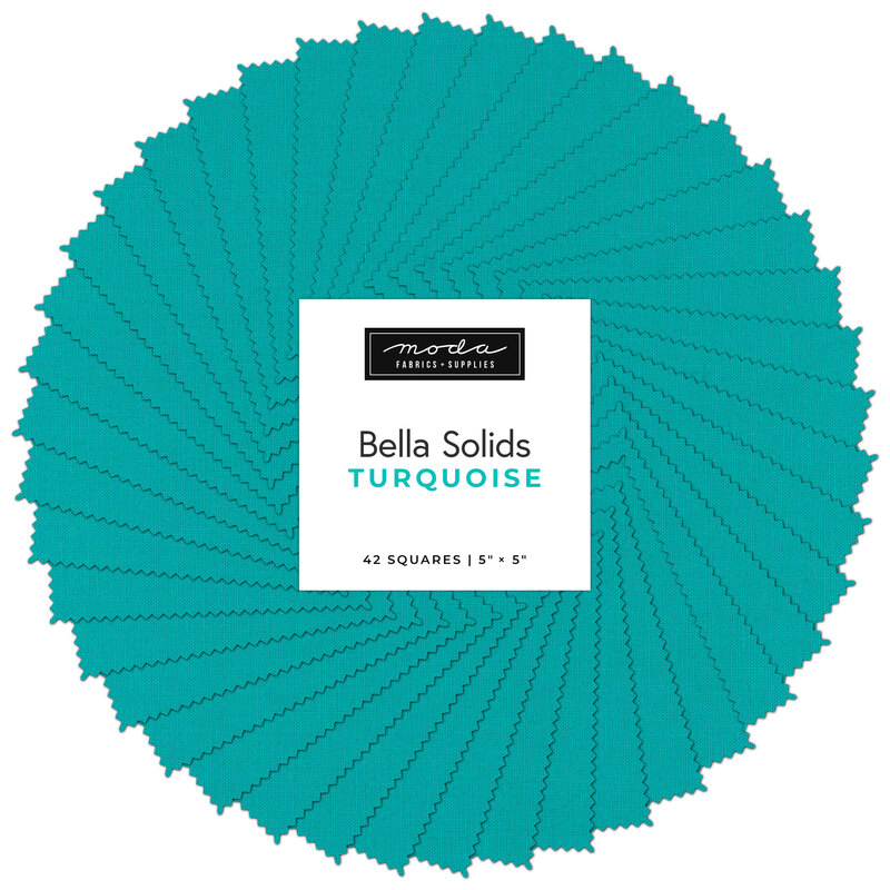 A spiral collage showing the Moda Bella Solids Turquoise charm pack fabrics.