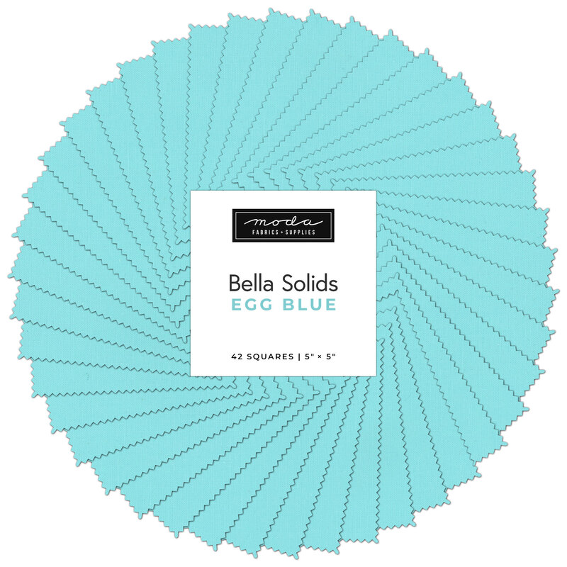 A spiral collage showing the Moda Bella Solids Egg Blue charm pack fabrics.