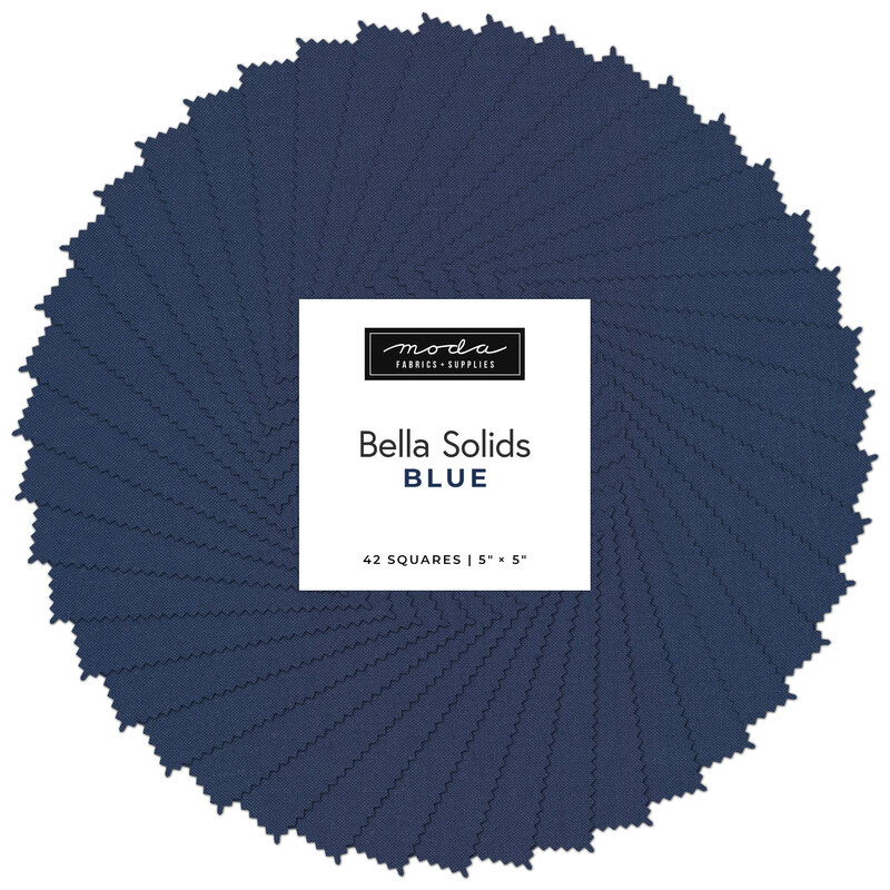 Collage of the solid admiral blue fabrics included in the charm pack, fanned out in a circle.