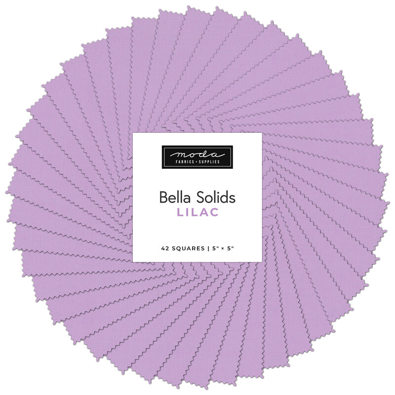 Collage of the solid lilac fabrics included in the charm pack, fanned out in a circle.