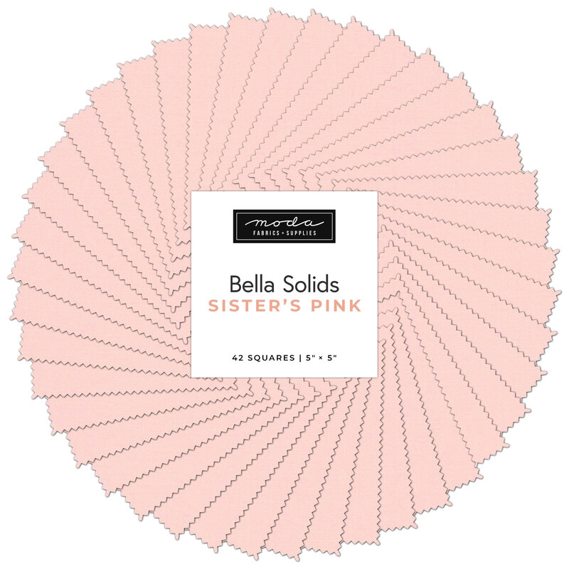 Collage of the solid light pink fabrics included in the charm pack, fanned out in a circle.