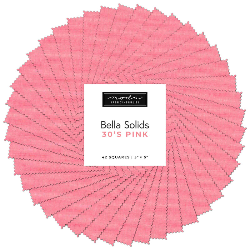 Collage of the solid pink fabrics included in the charm pack, fanned out in a circle.