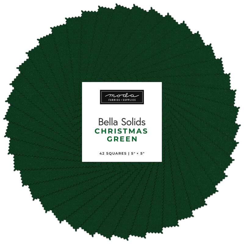 Collage of the solid dark green fabrics included in the charm pack, fanned out in a circle.