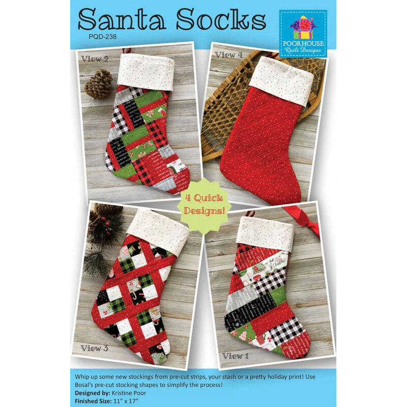 Pattern featuring four Christmas stocking designs, titled Santa Socks.