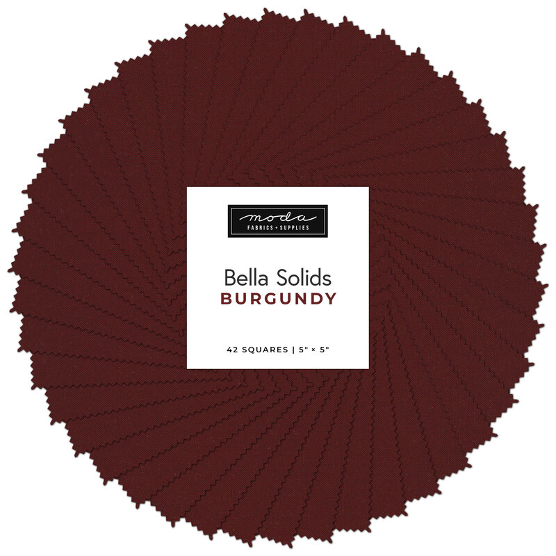 Collage of the solid wine red fabrics included in the charm pack, fanned out in a circle.