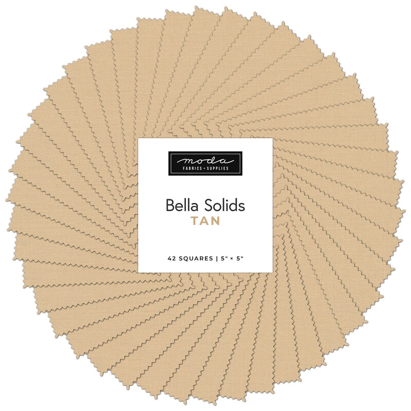 Collage of the solid tan fabrics included in the charm pack, fanned out in a circle.