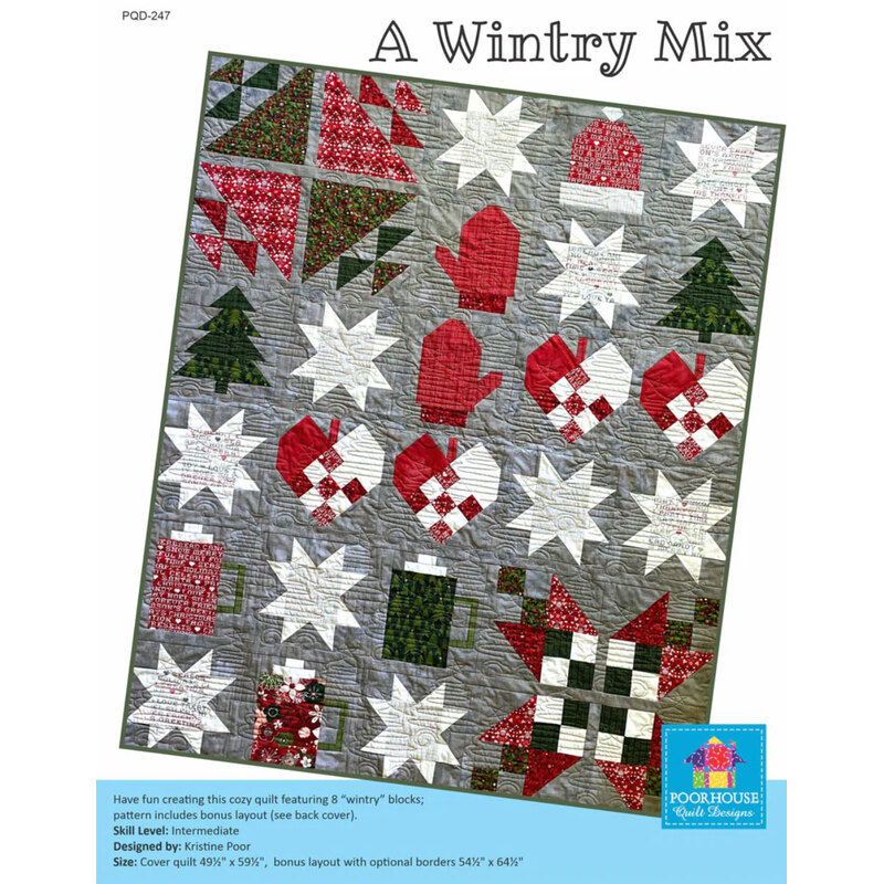 Colorful quilt design titled A Wintry Mix, featuring winter-themed blocks in red, green, and white.