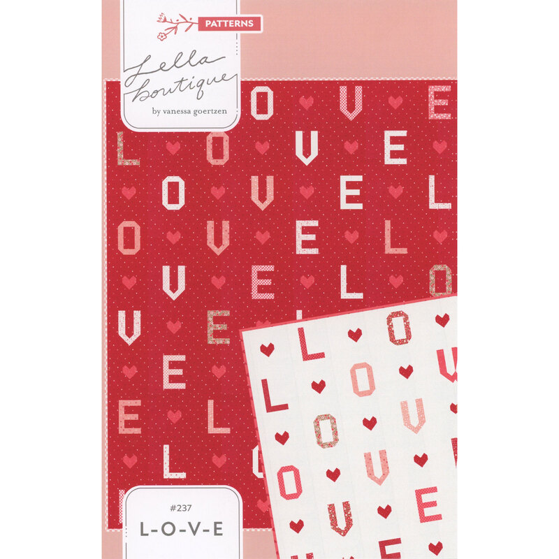 Red and white patterned fabric featuring the word LOVE and hearts on a card design.