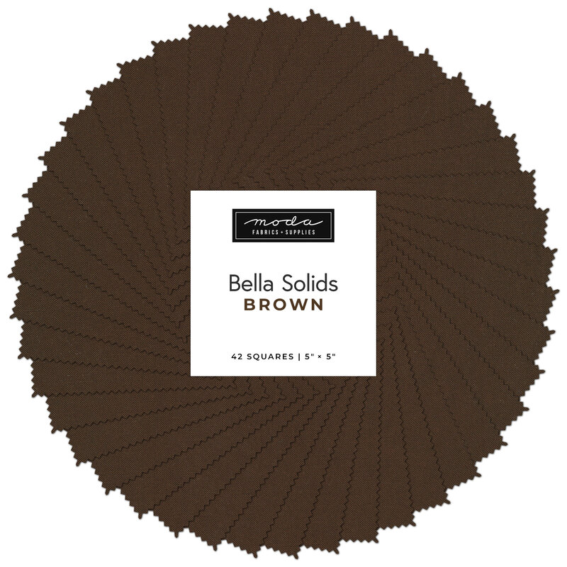 Collage of the solid brown fabrics included in the charm pack, fanned out in a circle.