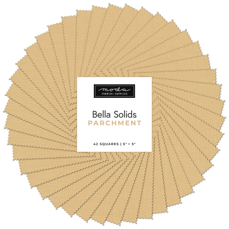 Collage of the solid tan fabrics included in the charm pack, fanned out in a circle.