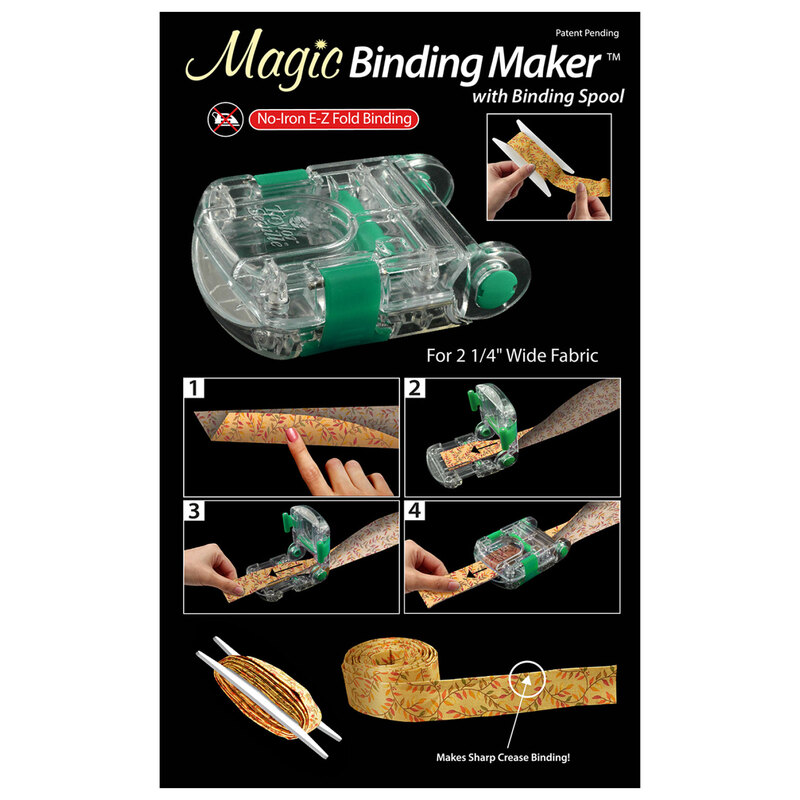 The Magic Binding Maker packaging showing how to pull the fabric through, and wrap it on the binding spool.