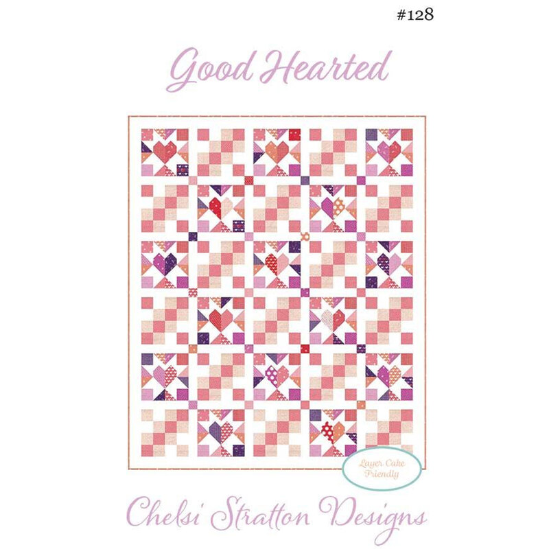 Quilt pattern titled Good Hearted by Chelbi Stratton Designs, featuring heart motifs and pastel colors.