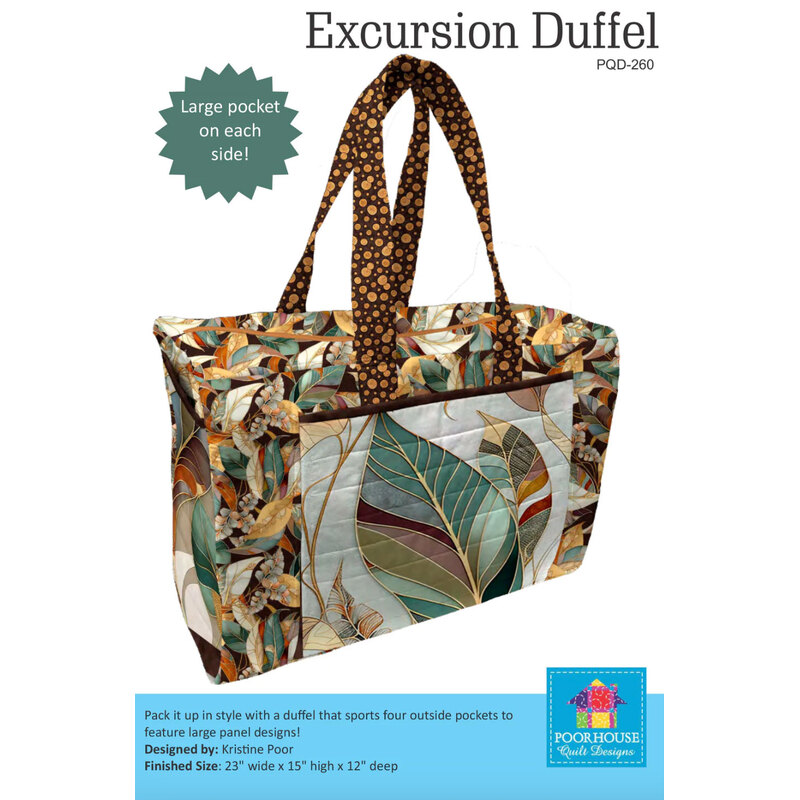 A colorful fabric duffel bag with large side pockets and patterned handles. Label reads Excursion Duffel.