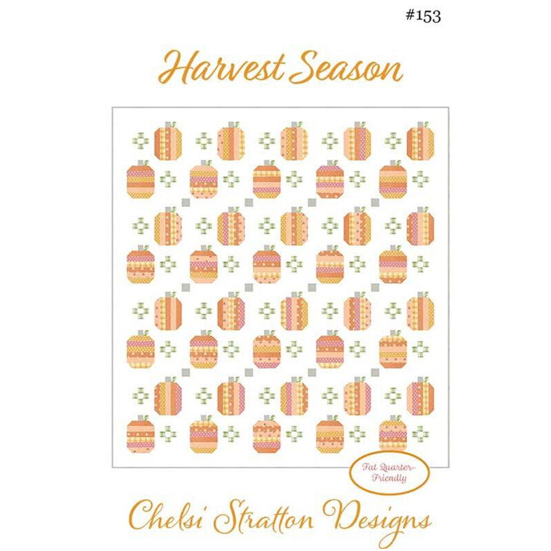 Pattern design titled Harvest Season featuring colorful pumpkins and geometric shapes on a white background.