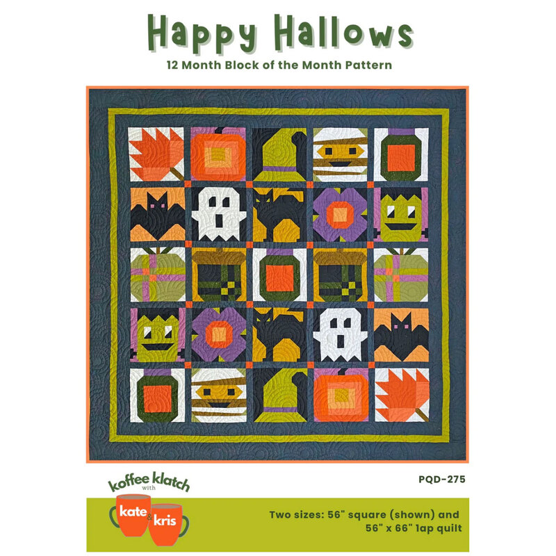 A colorful quilt pattern featuring Halloween-themed blocks with bats, pumpkins, and flowers.