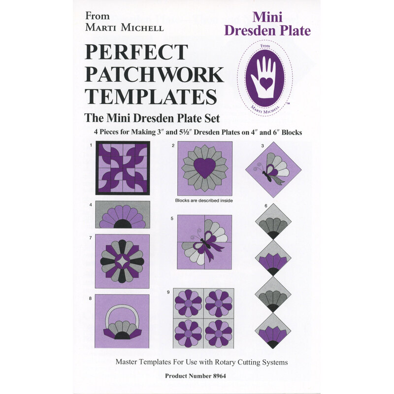 Image of a patchwork template set for Mini Dresden Plates, featuring design examples and instructions.