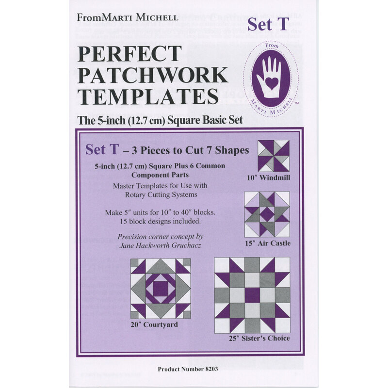 A package of Perfect Patchwork Templates, Set T, featuring designs for various quilt shapes and sizes.