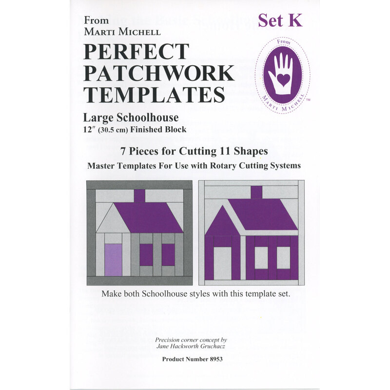 Cover for Perfect Patchwork Templates Set K featuring large schoolhouse designs and cutting instructions.