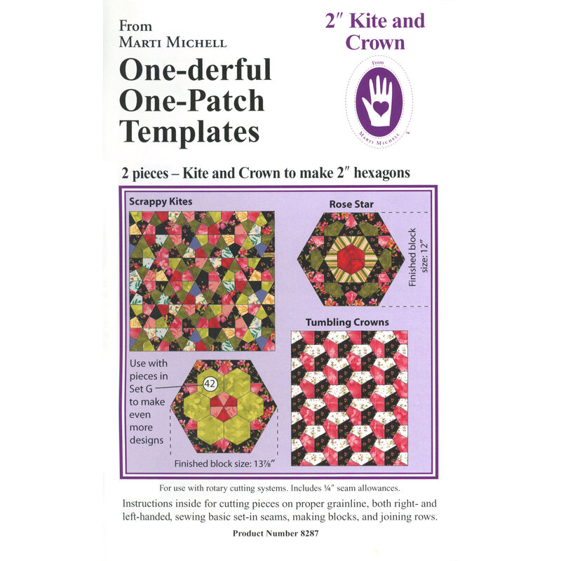 Image of a product package for the One-derful One-Patch Templates by Marti Michell, featuring instructions and branding.