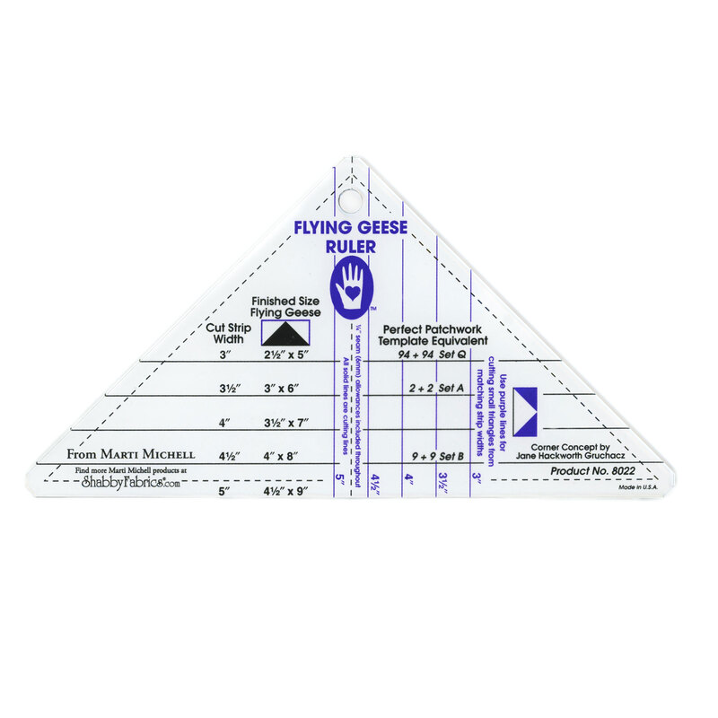 Triangle-shaped quilting ruler labeled Flying Geese Ruler, featuring measurement guides and sizes.