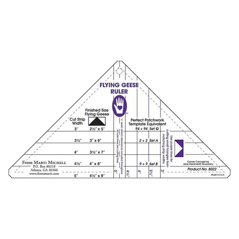 Triangle-shaped quilting ruler labeled Flying Geese Ruler, featuring measurement guides and sizes.