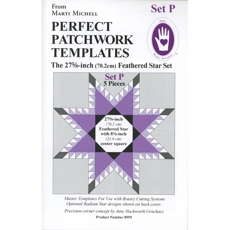 Image of a craft template package titled Perfect Patchwork Templates, featuring a star design and details about the Feathered Star Set P.