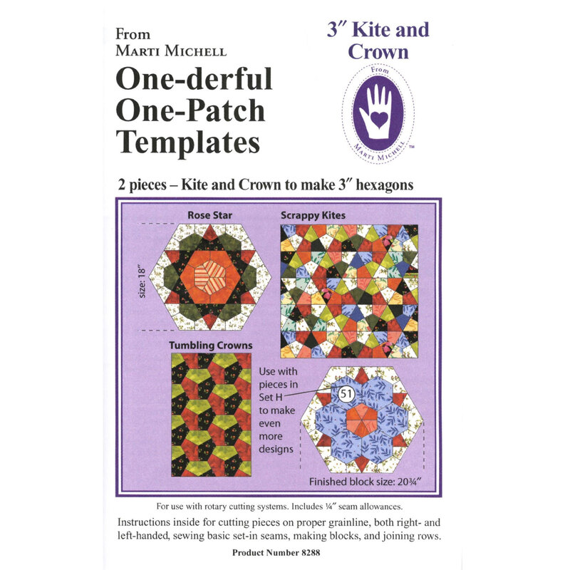 Image features a pattern guide for 3-inch kite and crown quilting templates, showing three hexagon designs: Rose Star, Scrappy Kites, and Tumbling Crowns, with instructions included.