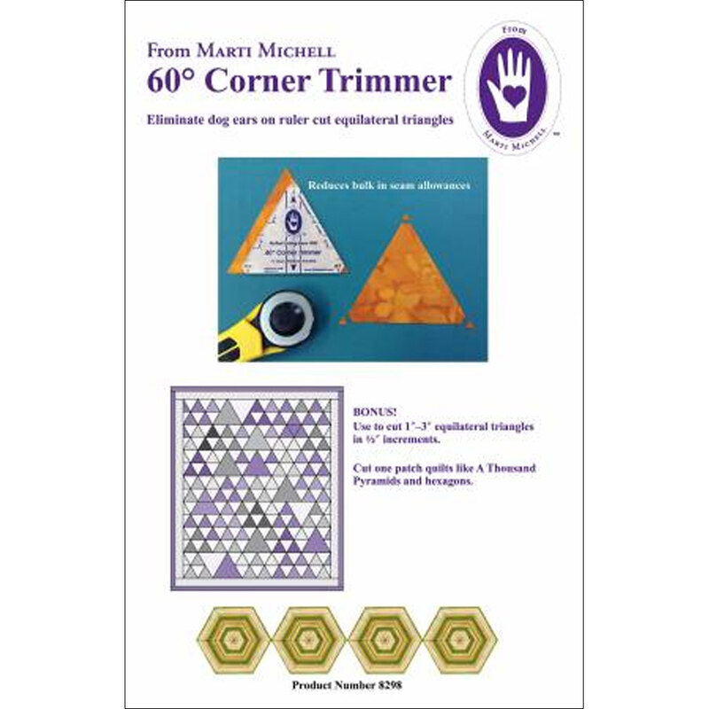 Image of a 60° Corner Trimmer packaging by Marti Michell, featuring triangle templates and instructions.