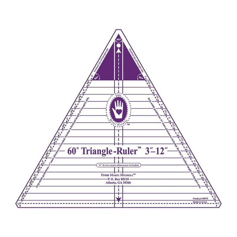 Purple 60-degree triangle ruler with measurement markings, designed for quilting and crafting.