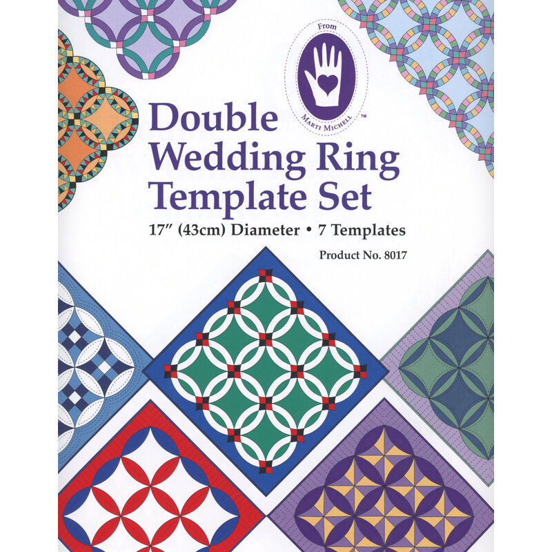 Packaging for a Double Wedding Ring Template Set featuring colorful quilt patterns, size 17 diameter, 7 templates.